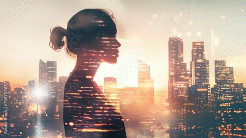 Double exposure of woman silhouette and modern city skylin. photo