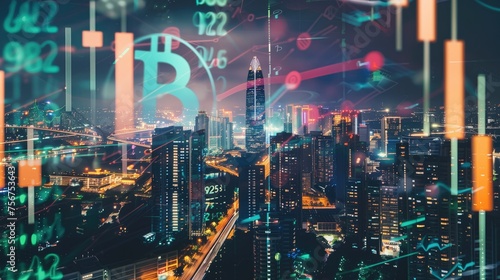 a stock graph and stacked bitcoin and a modern cityscape, double exposure
