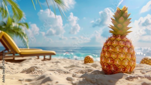 Fresh pineapple on sandy beach near ocean, perfect for tropical vacation concept