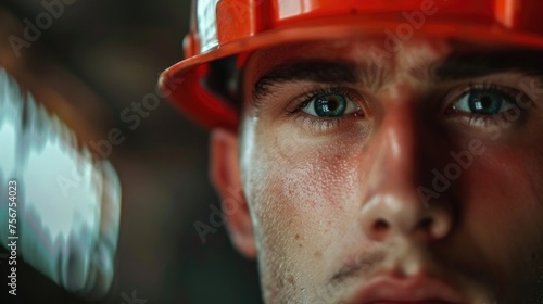 Close up of a person wearing a hard hat, suitable for construction and industrial concepts