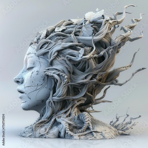 Generate a digital sculpture of a mythical creature with luscious flowing hair symbolizing the ideal of healthy hair and scalp. © Sataporn