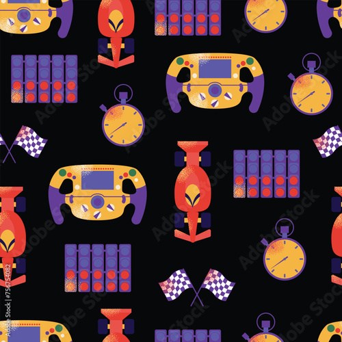 Formula 1 seamless pattern. Tire, car, helmet, f1 simulator, wheel, lights out. Speed racing tournament. Formula One championship. Motorsport concept. Vector modern Illustration isolated on background