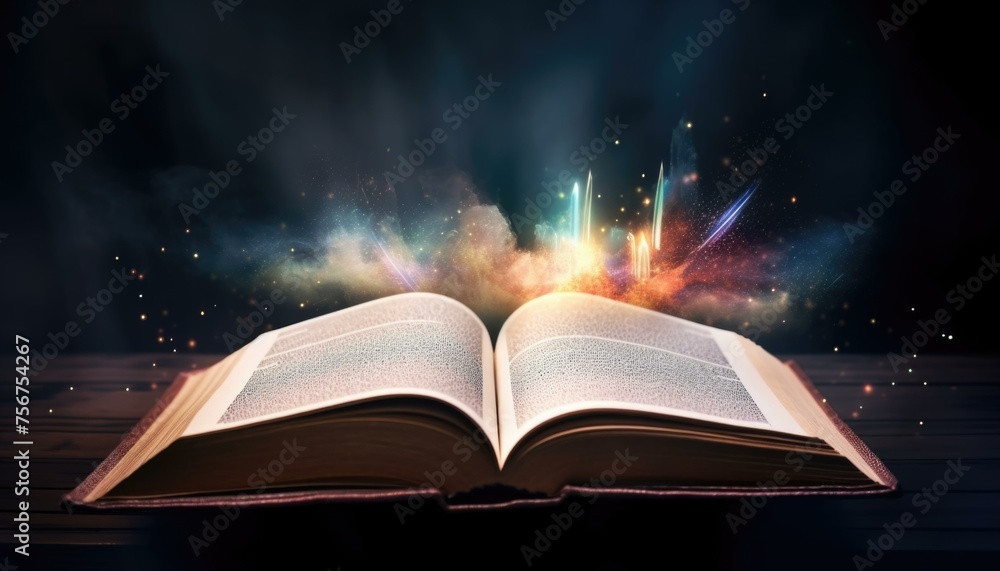 Captivating visual of an ancient open book on a wooden surface, adorned with a shimmering overlay. Enchanted Tome of Biblical Creation: Spiritual Literature and Mystical Concepts. AI Integration. - obrazy, fototapety, plakaty 