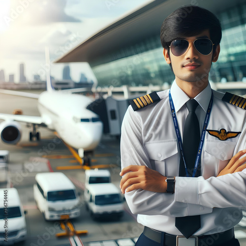 pilots of a passenger plane on a blurred background of the airpor photo