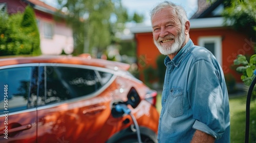 Smiling Senior Man Charging His Electric Car at Home Charging Station, Sustainable and Economical Transportation Concept. Generative AI © Nanci