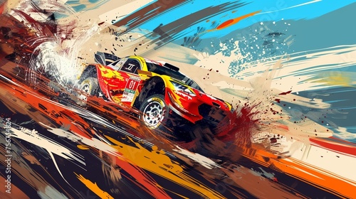 Kawaii Art of A professional rally driver navigating a treacherous off-road course in a rally car. photo