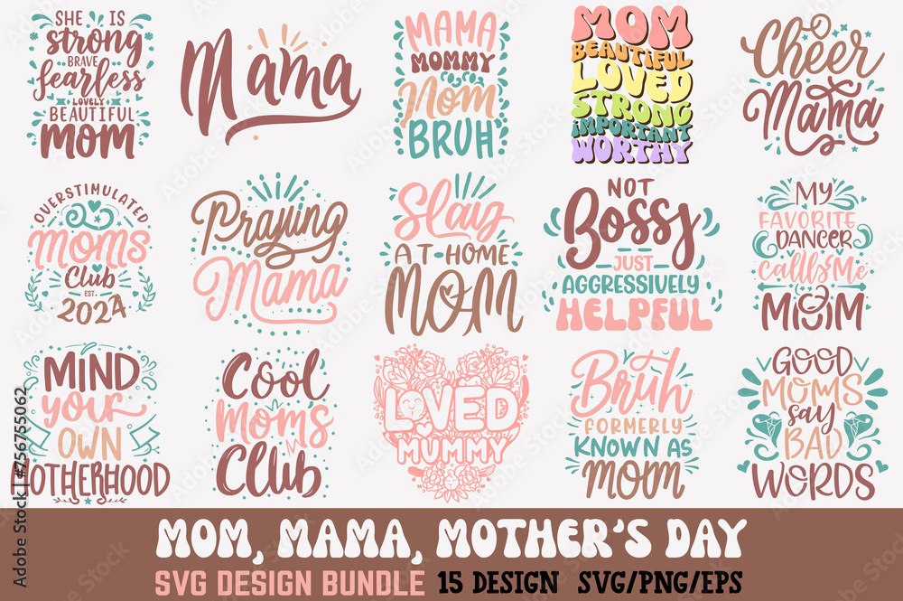 Fototapeta premium Mom happy mother's day typography t-shirt design bundle vector template. Illustration with love icons mom and child silhouettes. Good for mother's day clothes, t-shirts, mugs, gifts, Pro Vector
