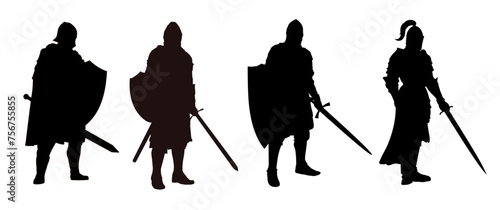 Set of silhouette of a medieval knight with a sword