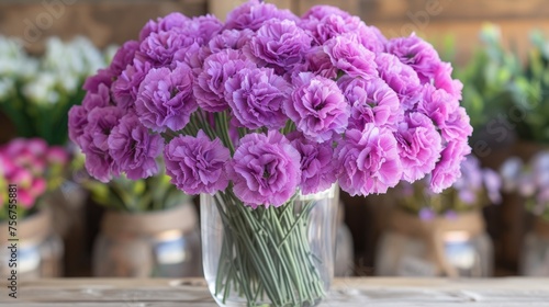 a vase filled with purple flowers sitting on top of a wooden table next to other vases filled with purple flowers. photo