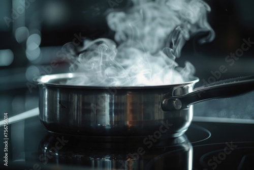 A pot with steam rising on a stove. Suitable for cooking concepts