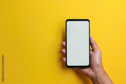 Person holding a smartphone with a blank screen, suitable for technology concepts photo