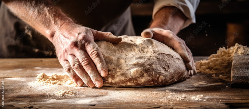 A human leg is working as an art form, building and shaping dough on a wooden table with its flesh pressing and kneading the dough with skill