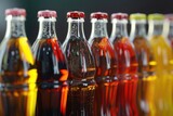 A row of soda bottles on a table, perfect for advertising or beverage concepts