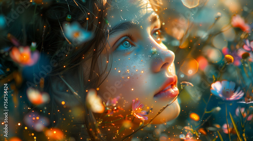 Enchanting Girl's Close-Up Amidst Flowers.