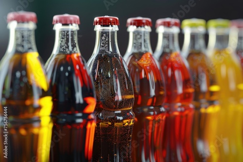 A row of soda bottles on a table, perfect for advertising or beverage concepts