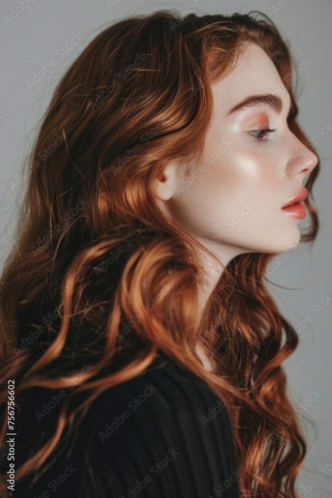 Naklejka premium A striking image of a woman with long red hair wearing a black top. Perfect for fashion or beauty concepts