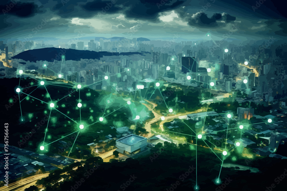 Smart digital city with connection network reciprocity over the cityscape . 