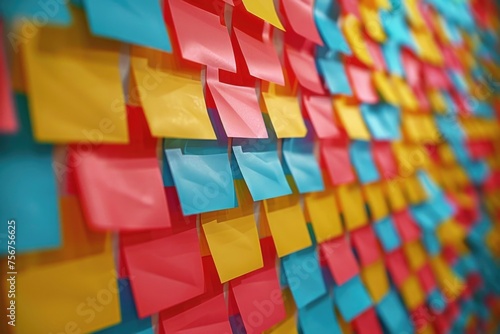 Colorful post it notes on a wall. Suitable for office or study concepts photo
