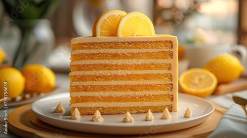 a close up of a slice of cake on a plate with lemons and a vase of flowers in the background. photo