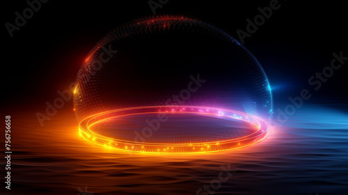 Glowing Circle of Neon Lines, Dark Abstract Background
