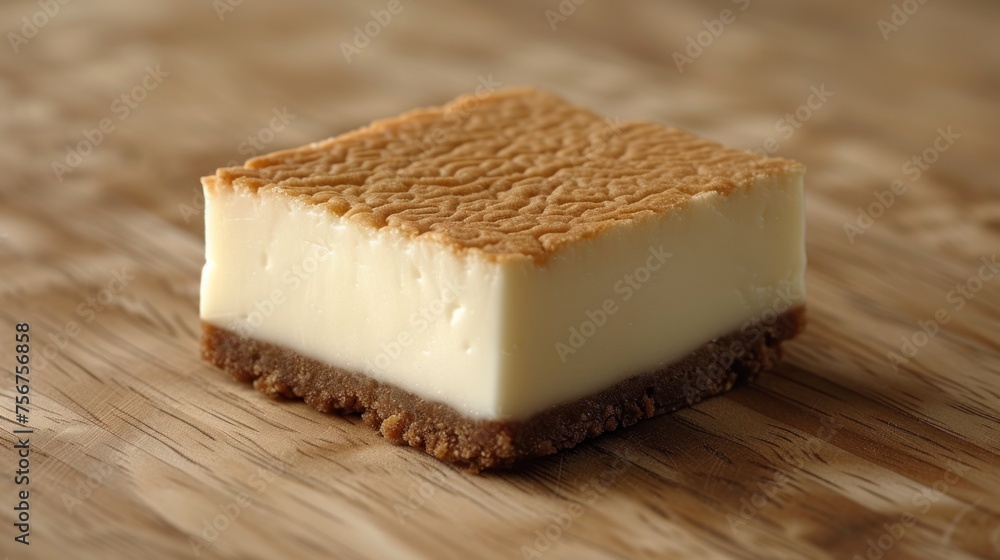 a piece of cheesecake sitting on top of a wooden table with a bite taken out of the top of it.