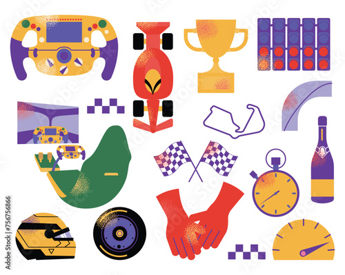 Formula 1 set. Tire, car, helmet, f1 simulator, wheel, lights out. Speed racing tournament. Formula One championship. Motorsport concept. Vector modern Illustration isolated on background