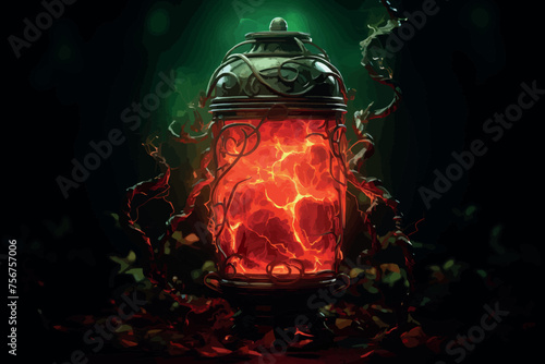 A high quality stylized render image of mystic red flask with magical health regeneration potion for game development. 