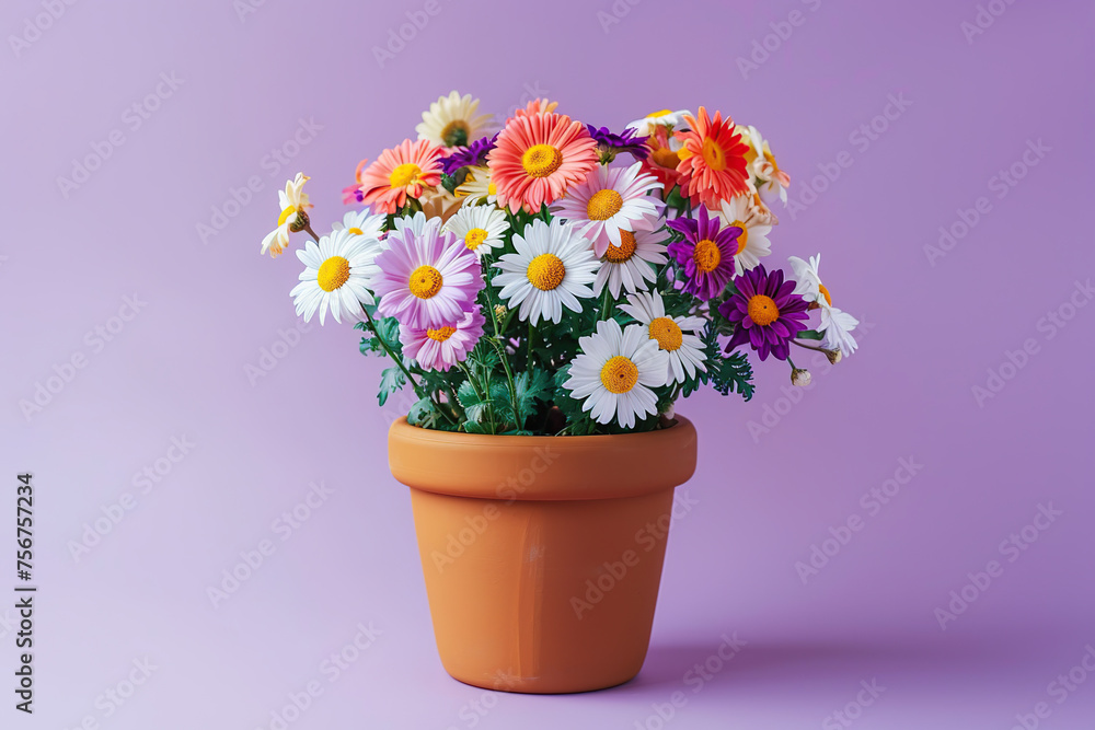 Fresh spring flowers in pot on purple background