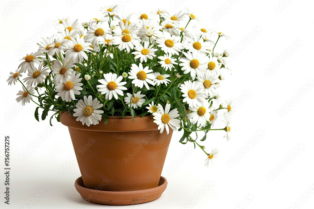 Fresh daisy flowers in pot isolated on white background