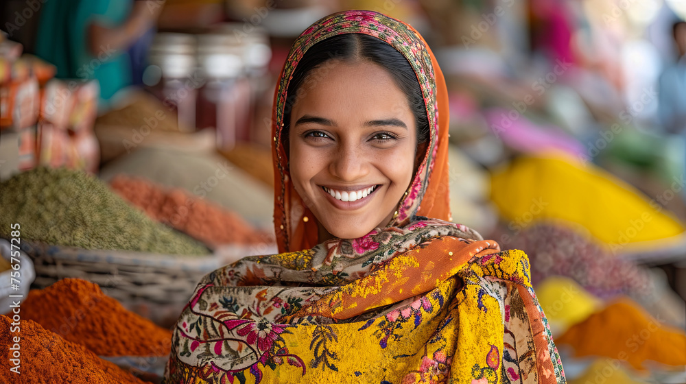 Young smiling Indian Woman Selling Spices in Market