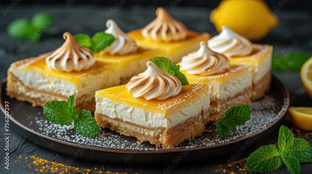 a plate topped with a slice of cheesecake covered in whipped cream and topped with a minty garnish. a plate topped with a slice of cheesecake covered in whipped cream and topped with a minty garnish.