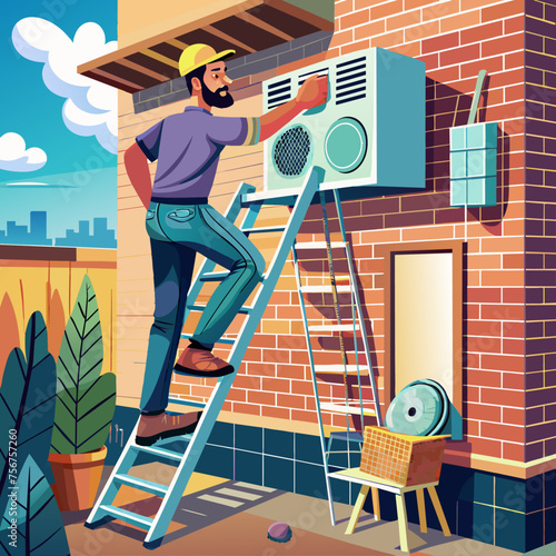 Repairman installing air conditioner on the house. Vector illustration