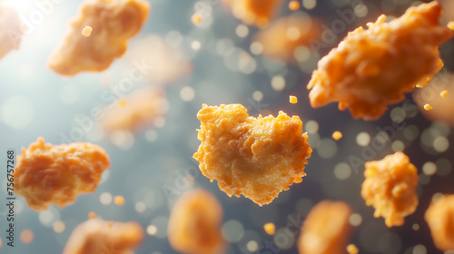 Crispy chicken nuggets floating with a bokeh background. Golden breaded chicken pieces in a dreamy, blurred light setting. Floating fried chicken bites with a magical sparkle backdrop