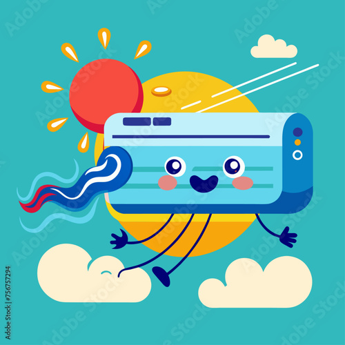 Cute cartoon vector illustration of air conditioner  with sun and clouds.