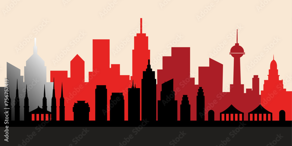 New York City skyline silhouette in red and black colors, vector illustration