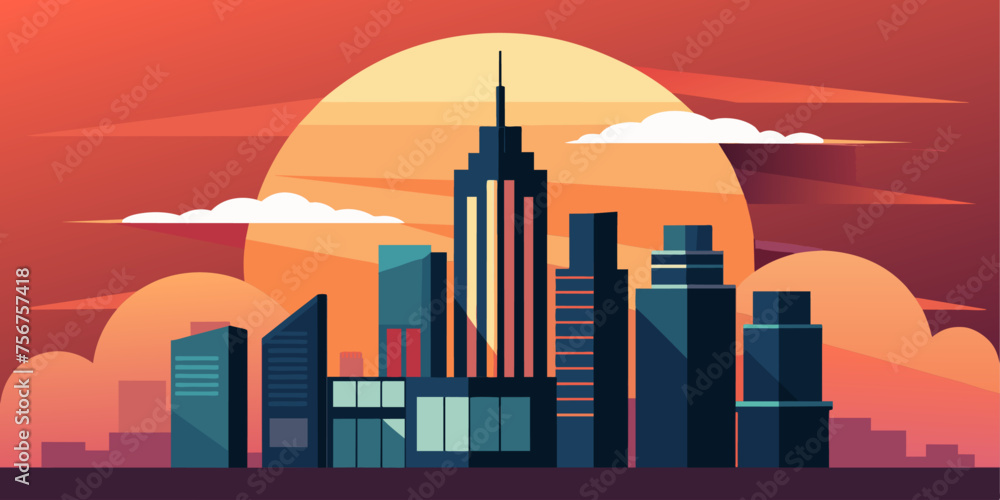 Sunset in the city. Vector illustration in flat design style. Sunset in the city. Vector illustration in flat design style.