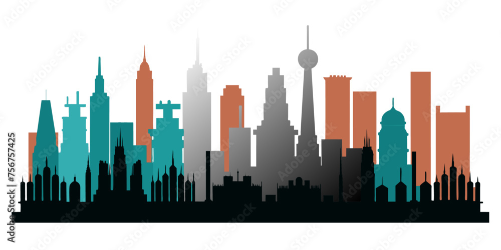Vector illustration of cityscape silhouette with skyscrapers in flat style