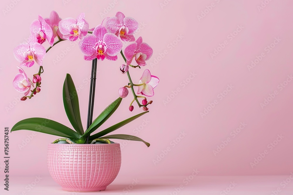 Orchid flowers in pot on pink background Orchid flowers in pot on pink background