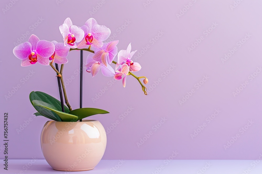 Orchid flowers in pot on purple background