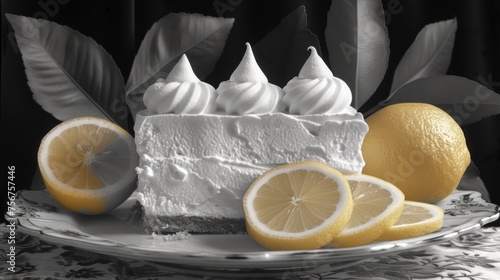 a piece of cake sitting on top of a plate with lemons and a slice of cake on top of it. photo