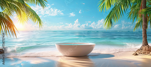 white bathtub on the tropical beach background  concept summer holiday and travel 