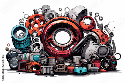 Auto spare parts around wheel rim isolated on white background