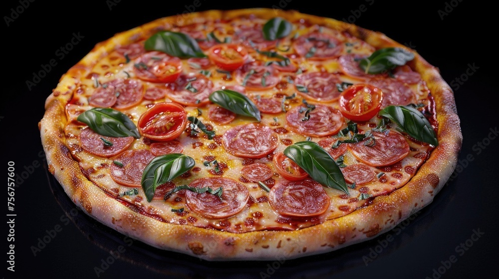 Delicious pepperoni and basil pizza, perfect for food blogs or restaurant menus Delicious pepperoni and basil pizza, perfect for food blogs or restaurant menus