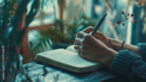 Person writing in a notebook with a pen. Suitable for educational or creative concepts