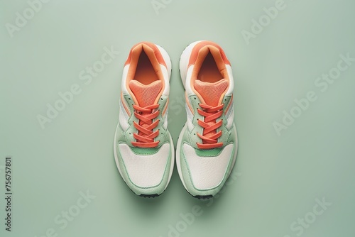Top view of pair of modern sport shoes on green background