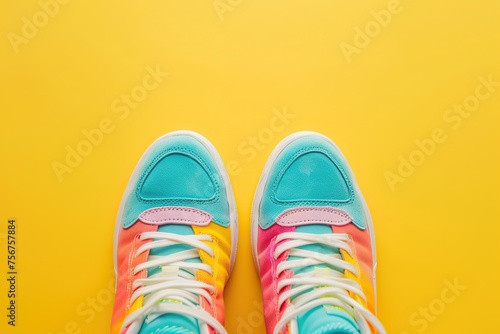 Top view of pair of modern colorful sport shoes on yellow background