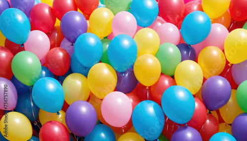 A multitude of colorful balloons in red, blue, yellow, green, and purple hues fill the frame, suggesting a joyful and vibrant atmosphere at a celebration