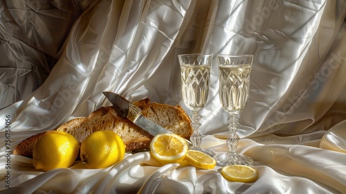 a painting of bread, lemons, and a knife on a white table cloth with a white drape. photo