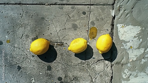 a group of lemons sitting on top of a cement floor next to a knife and a pair of scissors. photo