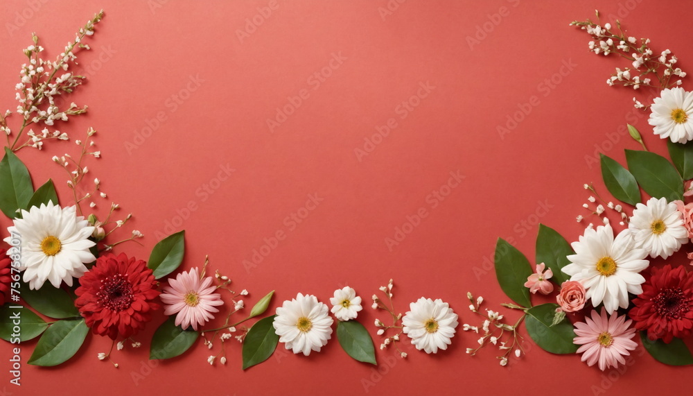 A banner of flowers on a red background for a greeting card template for a wedding or a women's holiday. A composition with space for its own text.